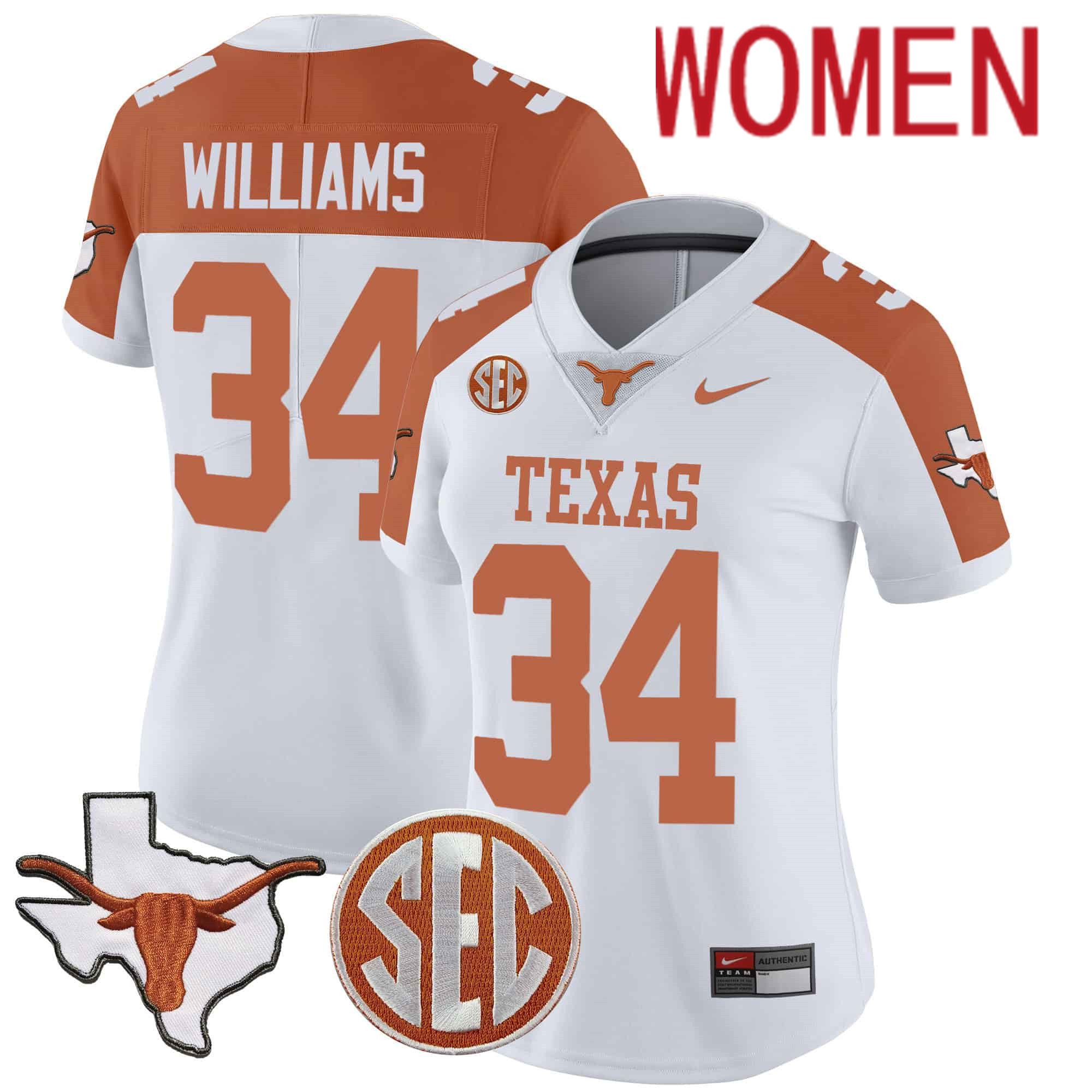 Women Texas Longhorns #34 Williams White 2024 Nike State Map & SEC Patch Vapor NCAA Jersey style 1